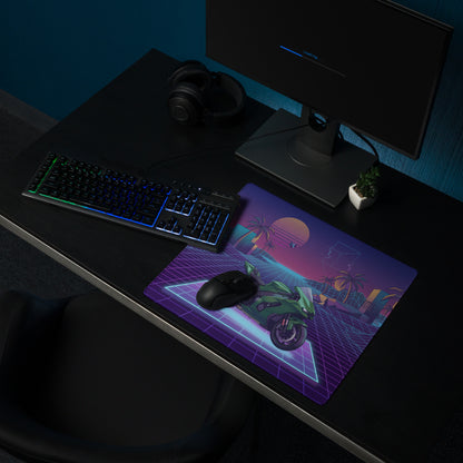 Kawasaki Ninja ZX-10R Inspired Green Purple Vaporwave Gaming Mouse Pad – Neon Sunset Grid Desk Mat, Retro Futuristic Superbike Digital Artwork