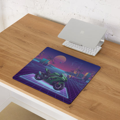 Kawasaki Ninja ZX-10R Inspired Green Purple Vaporwave Gaming Mouse Pad – Neon Sunset Grid Desk Mat, Retro Futuristic Superbike Digital Artwork