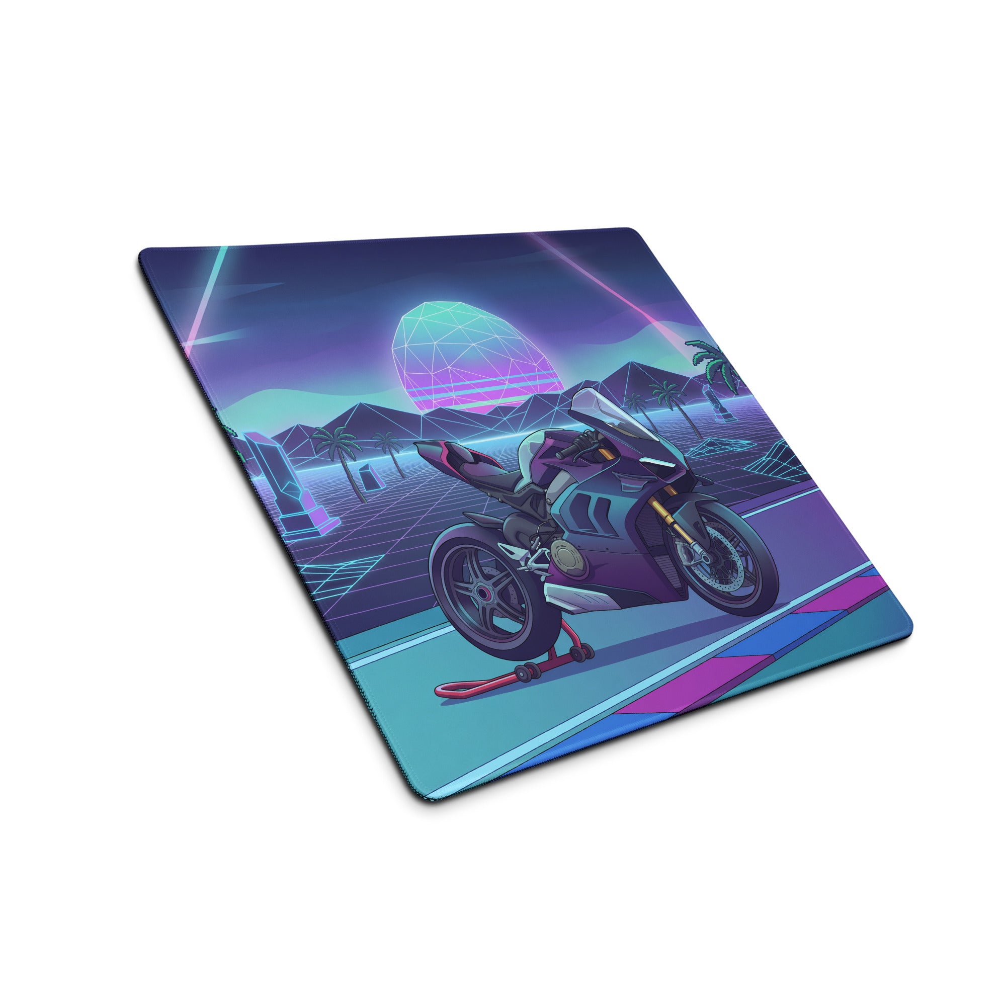 Ducati Panigale V4 Inspired Teal Purple Vaporwave Gaming Mouse Pad – Neon Sunset Grid Racetrack Desk Mat, Retro Futuristic Superbike Artwork