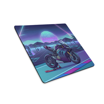Ducati Panigale V4 Inspired Teal Purple Vaporwave Gaming Mouse Pad – Neon Sunset Grid Racetrack Desk Mat, Retro Futuristic Superbike Artwork