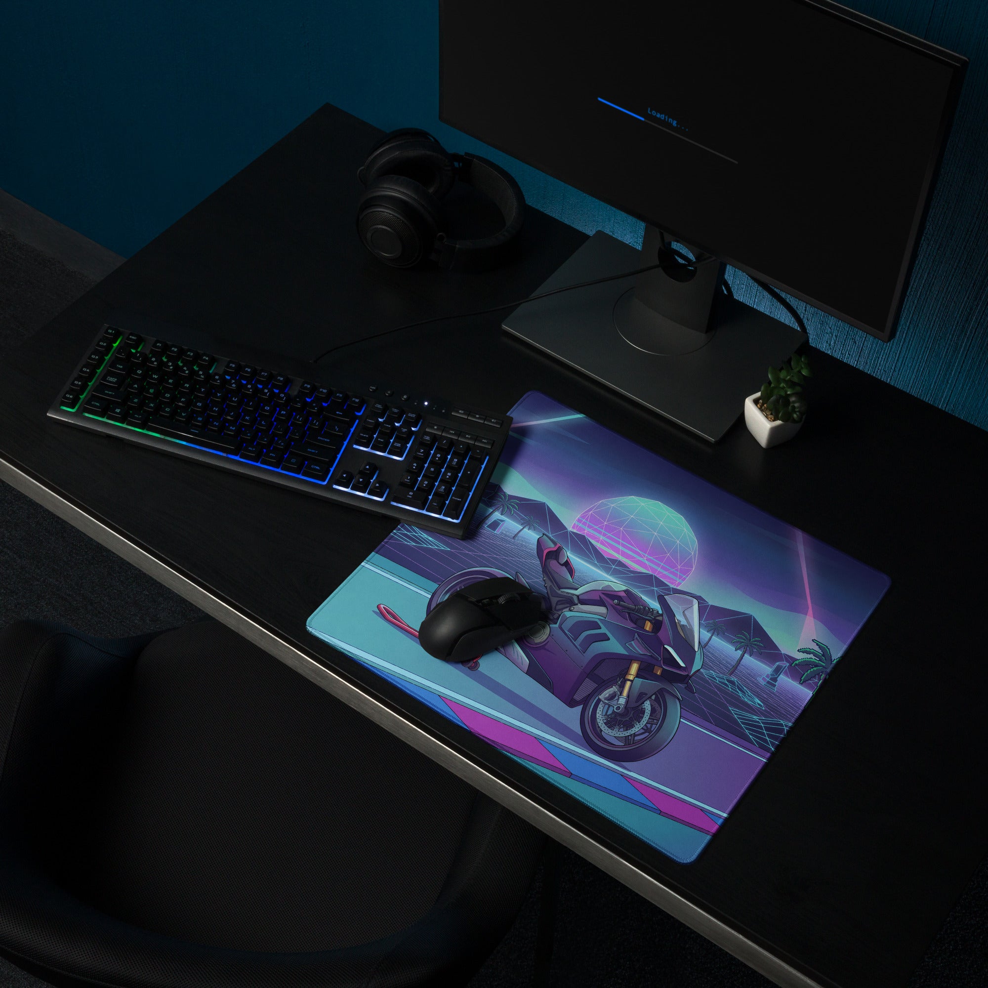 Ducati Panigale V4 Inspired Teal Purple Vaporwave Gaming Mouse Pad – Neon Sunset Grid Racetrack Desk Mat, Retro Futuristic Superbike Artwork