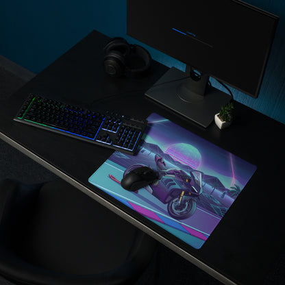Ducati Panigale V4 Inspired Teal Purple Vaporwave Gaming Mouse Pad – Neon Sunset Grid Racetrack Desk Mat, Retro Futuristic Superbike Artwork