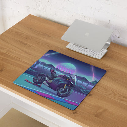 Ducati Panigale V4 Inspired Teal Purple Vaporwave Gaming Mouse Pad – Neon Sunset Grid Racetrack Desk Mat, Retro Futuristic Superbike Artwork