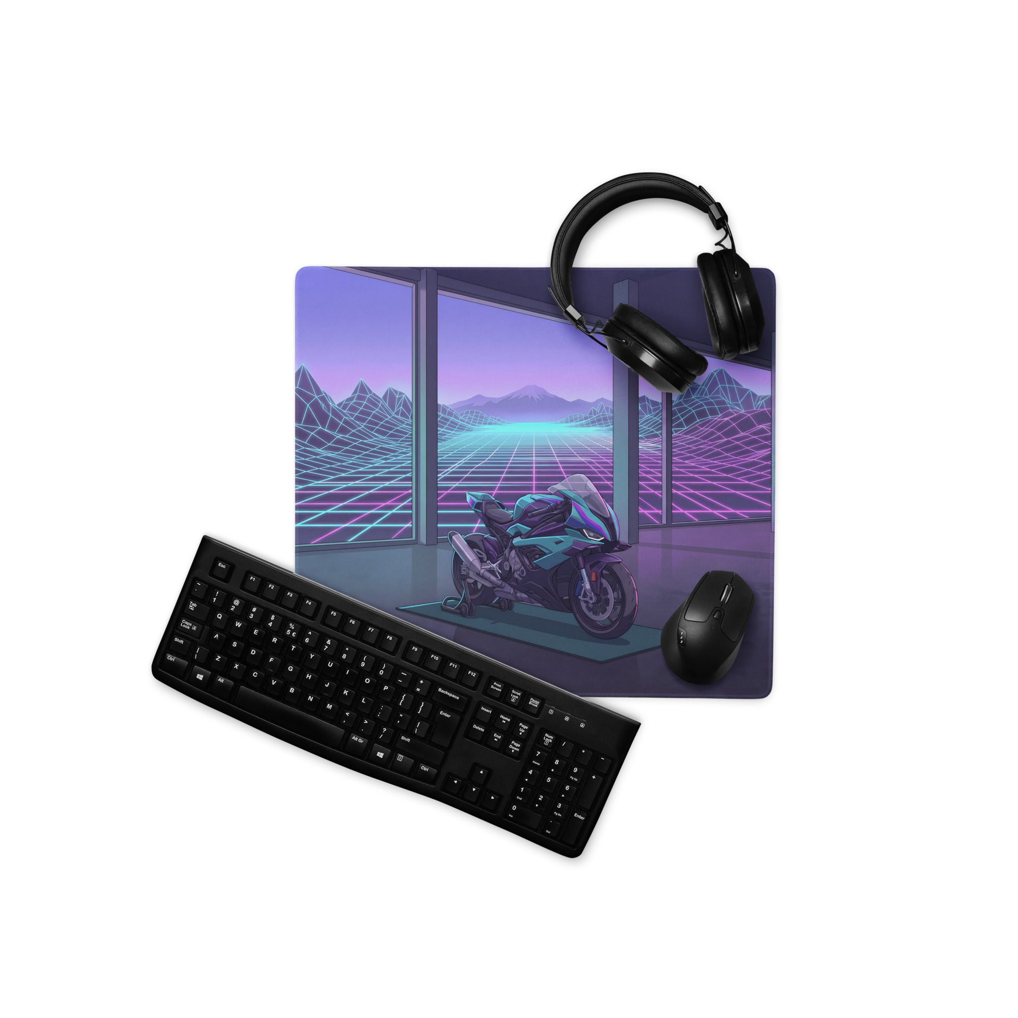 BMW S1000RR Inspired Teal Purple Vaporwave Gaming Mouse Pad – Neon Grid Mountain Showroom Desk Mat, Futuristic Superbike Digital Artwork