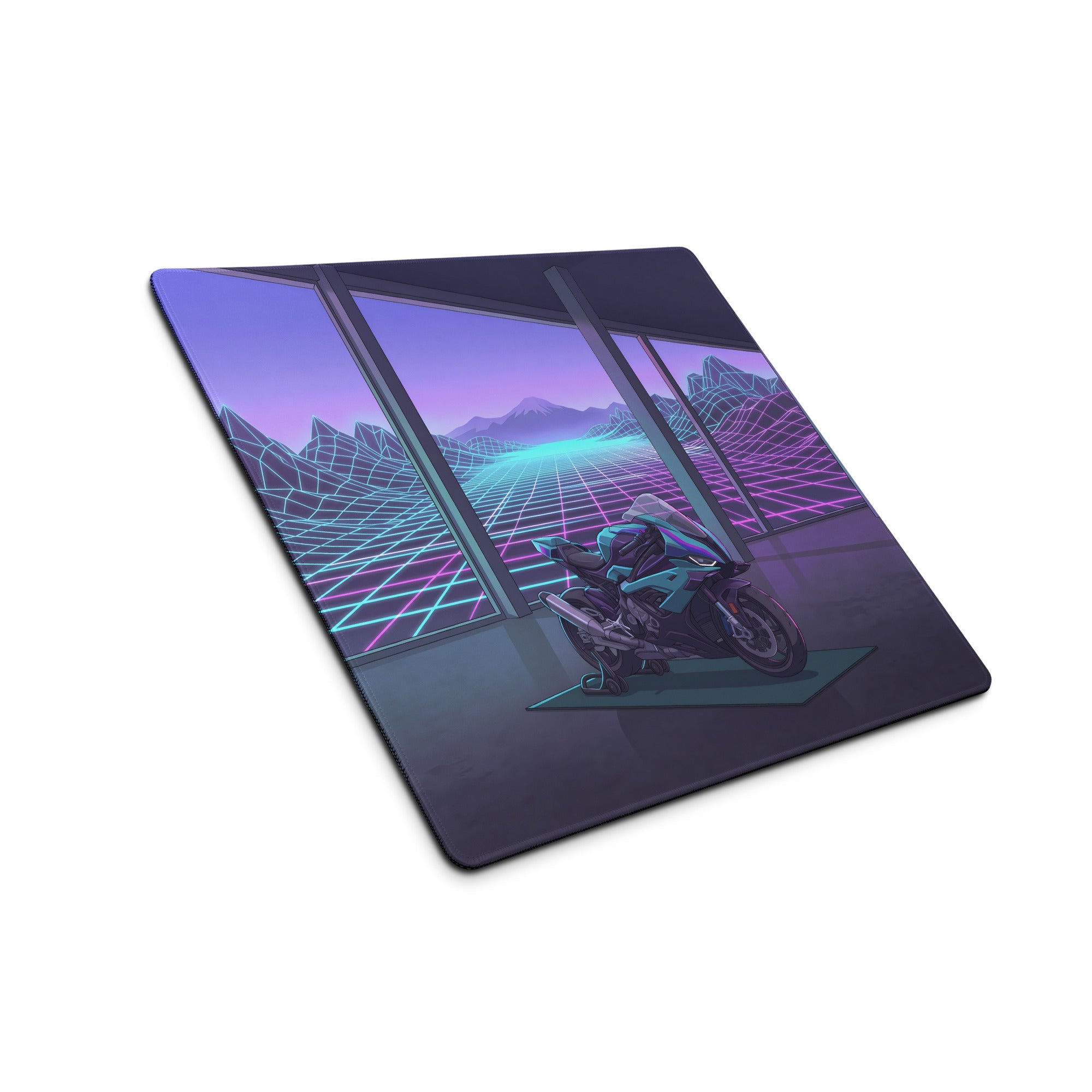 BMW S1000RR Inspired Teal Purple Vaporwave Gaming Mouse Pad – Neon Grid Mountain Showroom Desk Mat, Futuristic Superbike Digital Artwork