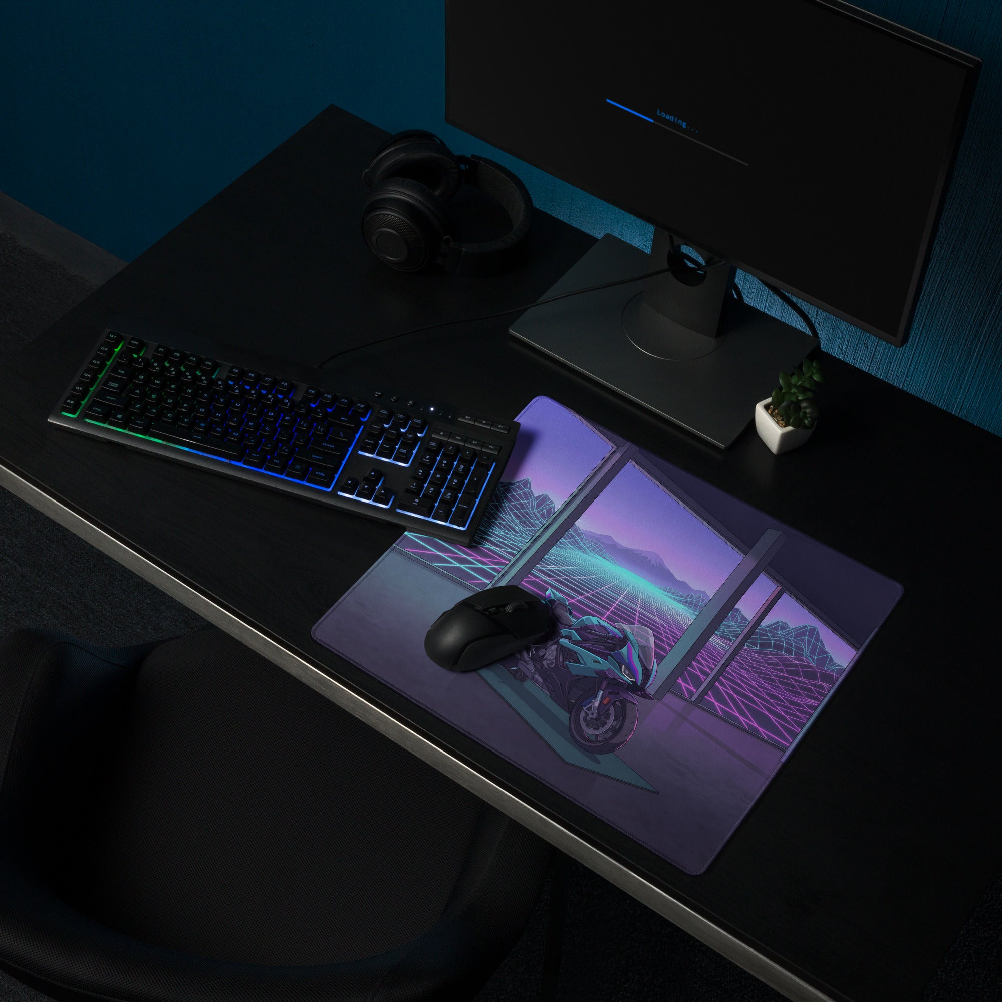 BMW S1000RR Inspired Teal Purple Vaporwave Gaming Mouse Pad – Neon Grid Mountain Showroom Desk Mat, Futuristic Superbike Digital Artwork