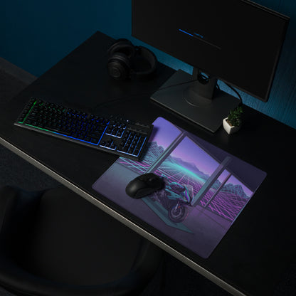 BMW S1000RR Inspired Teal Purple Vaporwave Gaming Mouse Pad – Neon Grid Mountain Showroom Desk Mat, Futuristic Superbike Digital Artwork