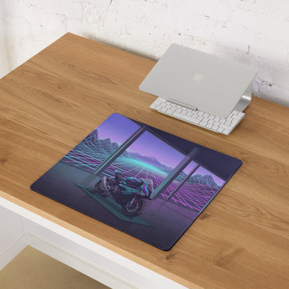BMW S1000RR Inspired Teal Purple Vaporwave Gaming Mouse Pad – Neon Grid Mountain Showroom Desk Mat, Futuristic Superbike Digital Artwork