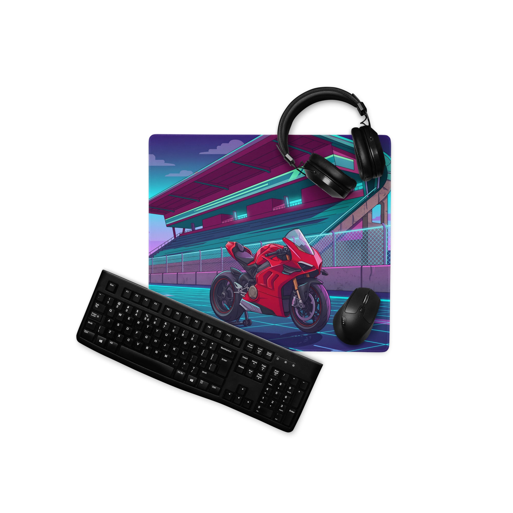 Ducati Panigale V4 Inspired Red Cyan Vaporwave Gaming Mouse Pad – Neon Futuristic Racetrack Desk Mat, Retro Superbike Digital Artwork