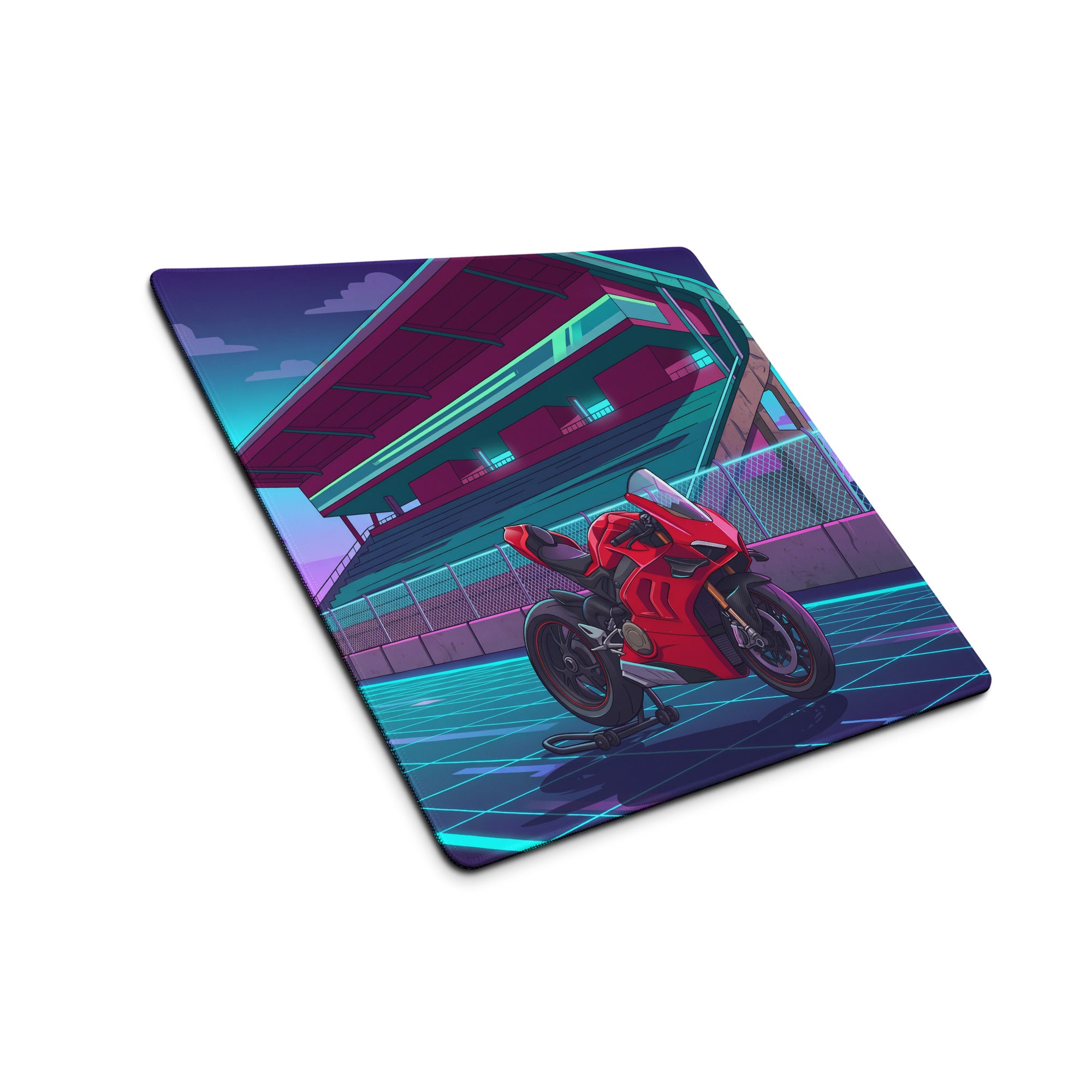 Ducati Panigale V4 Inspired Red Cyan Vaporwave Gaming Mouse Pad – Neon Futuristic Racetrack Desk Mat, Retro Superbike Digital Artwork