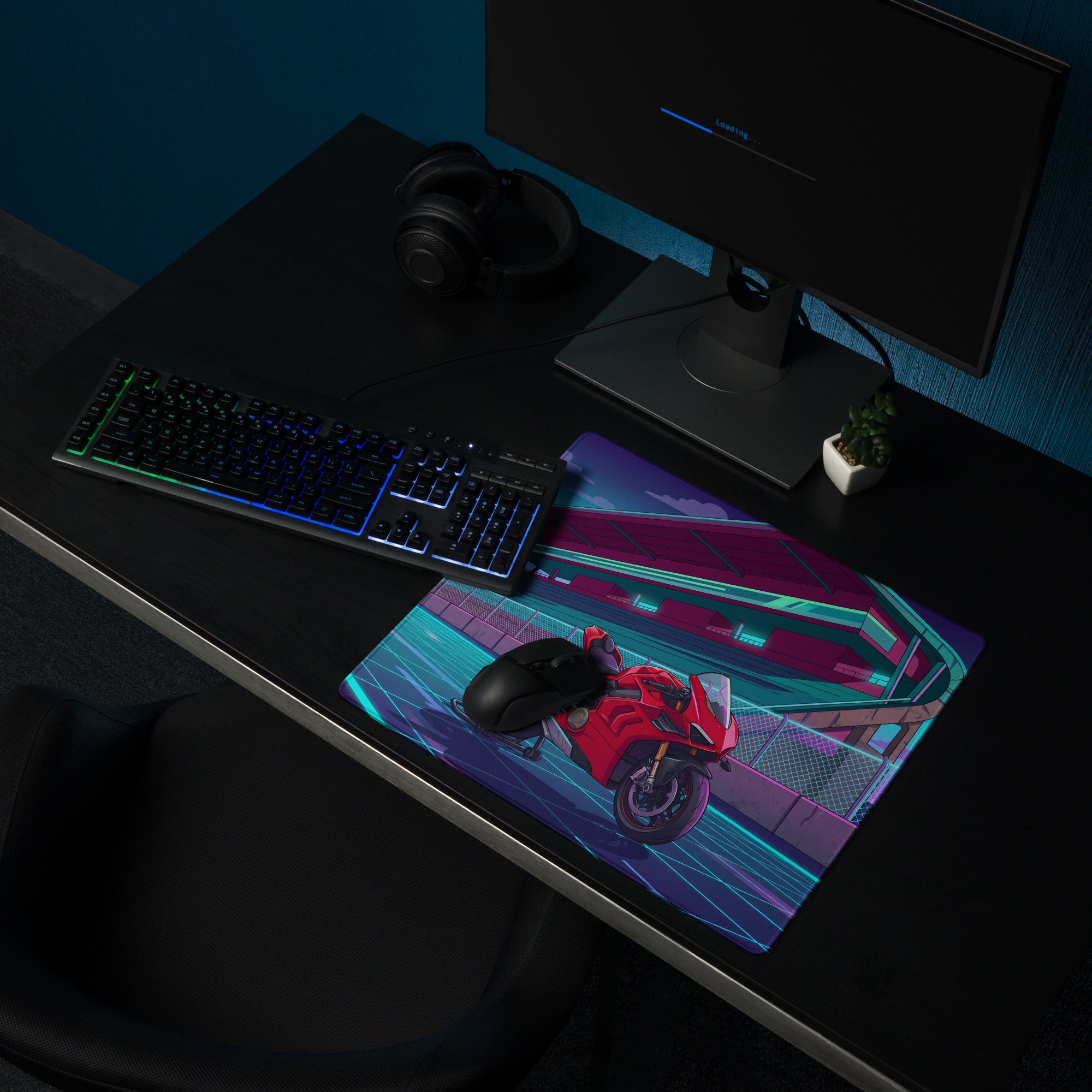 Ducati Panigale V4 Inspired Red Cyan Vaporwave Gaming Mouse Pad – Neon Futuristic Racetrack Desk Mat, Retro Superbike Digital Artwork