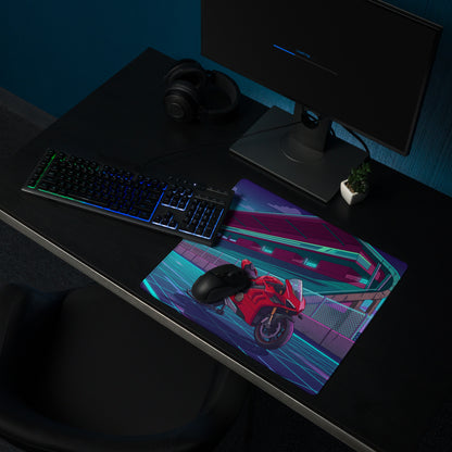 Ducati Panigale V4 Inspired Red Cyan Vaporwave Gaming Mouse Pad – Neon Futuristic Racetrack Desk Mat, Retro Superbike Digital Artwork