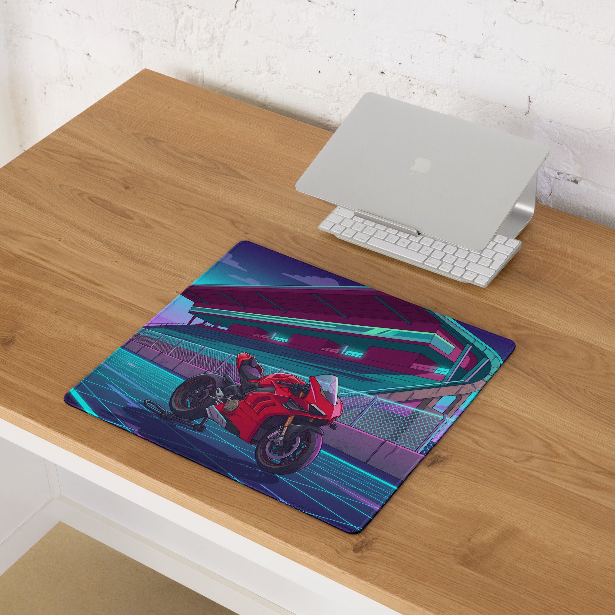 Ducati Panigale V4 Inspired Red Cyan Vaporwave Gaming Mouse Pad – Neon Futuristic Racetrack Desk Mat, Retro Superbike Digital Artwork