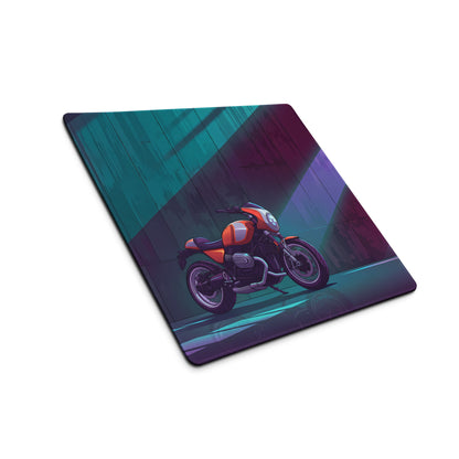 BMW R nineT Racer Inspired Orange Purple Vaporwave Gaming Mouse Pad – Neon Cyberpunk Garage Desk Mat, Retro Futuristic Café Racer Artwork