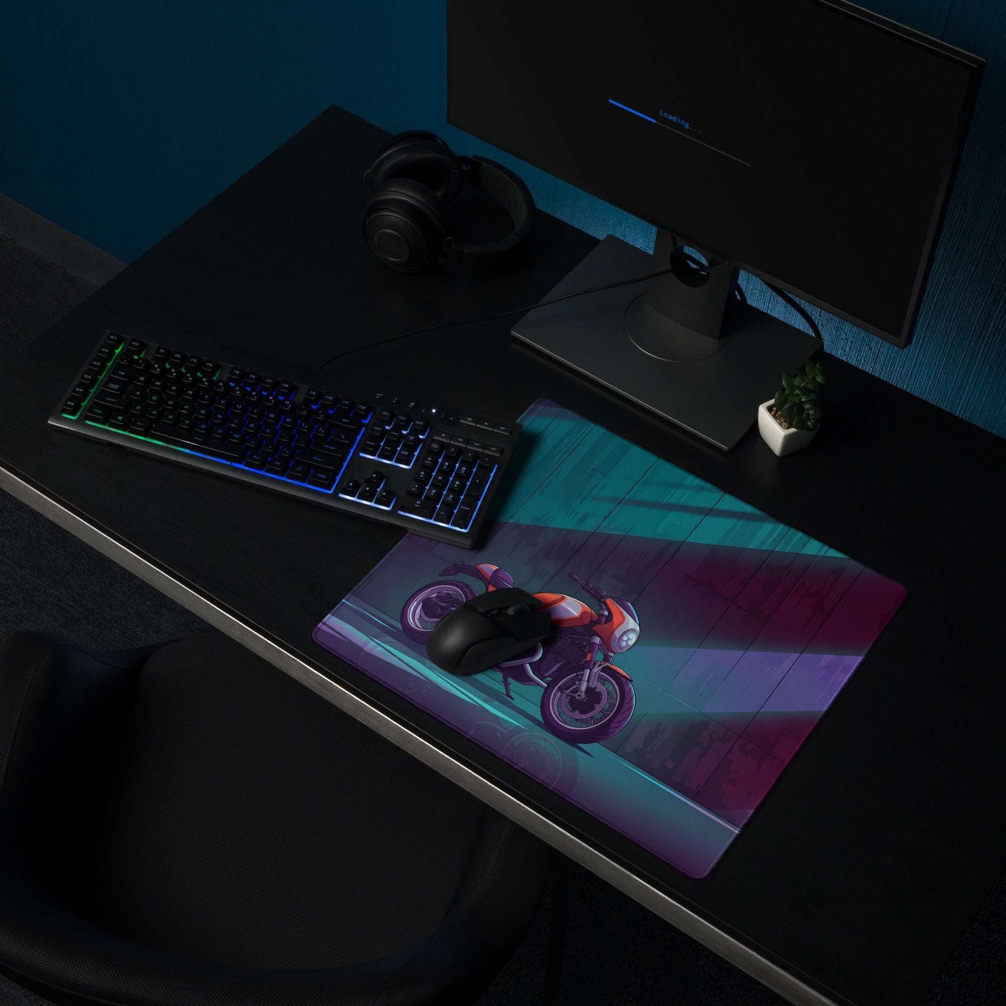 BMW R nineT Racer Inspired Orange Purple Vaporwave Gaming Mouse Pad – Neon Cyberpunk Garage Desk Mat, Retro Futuristic Café Racer Artwork