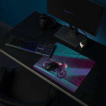 BMW R nineT Racer Inspired Orange Purple Vaporwave Gaming Mouse Pad – Neon Cyberpunk Garage Desk Mat, Retro Futuristic Café Racer Artwork