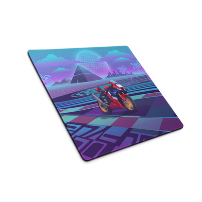 Honda CBR1000RR-R Fireblade Inspired Red Blue Vaporwave Gaming Mouse Pad – Neon Pyramid Raceway Desk Mat, Retro Futuristic Superbike Digital Artwork