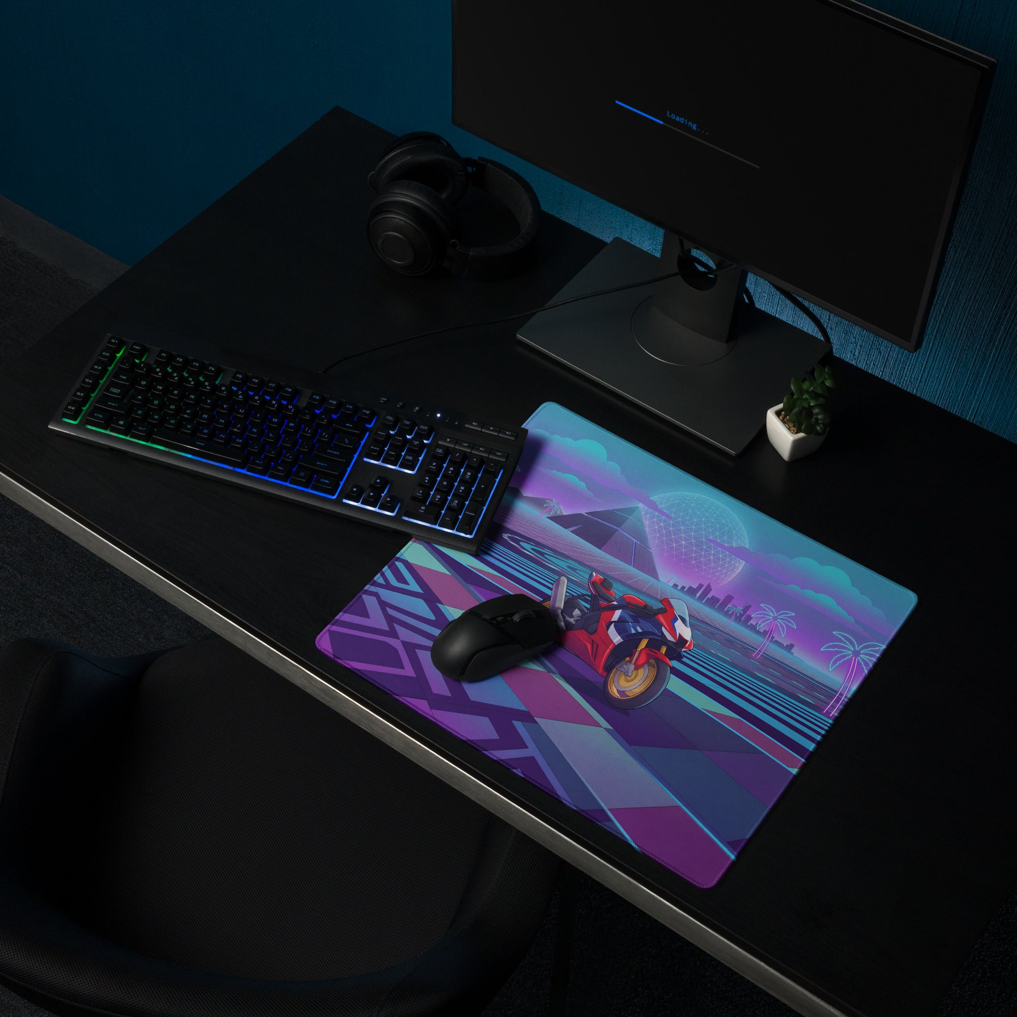 Honda CBR1000RR-R Fireblade Inspired Red Blue Vaporwave Gaming Mouse Pad – Neon Pyramid Raceway Desk Mat, Retro Futuristic Superbike Digital Artwork