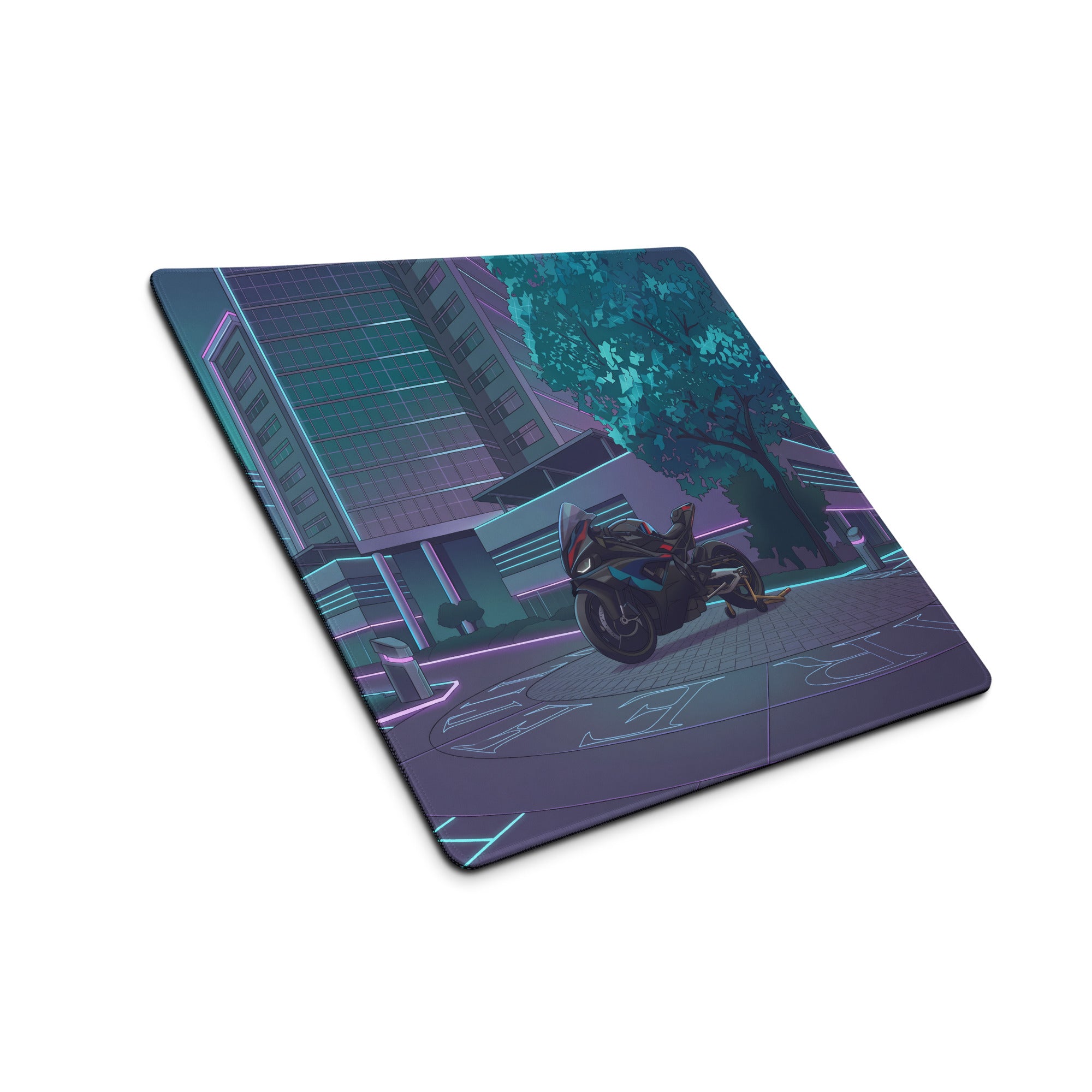 BMW M 1000 RR Inspired Black Teal Vaporwave Gaming Mouse Pad – Neon Cyber City Desk Mat, Futuristic Sportbike Digital Artwork