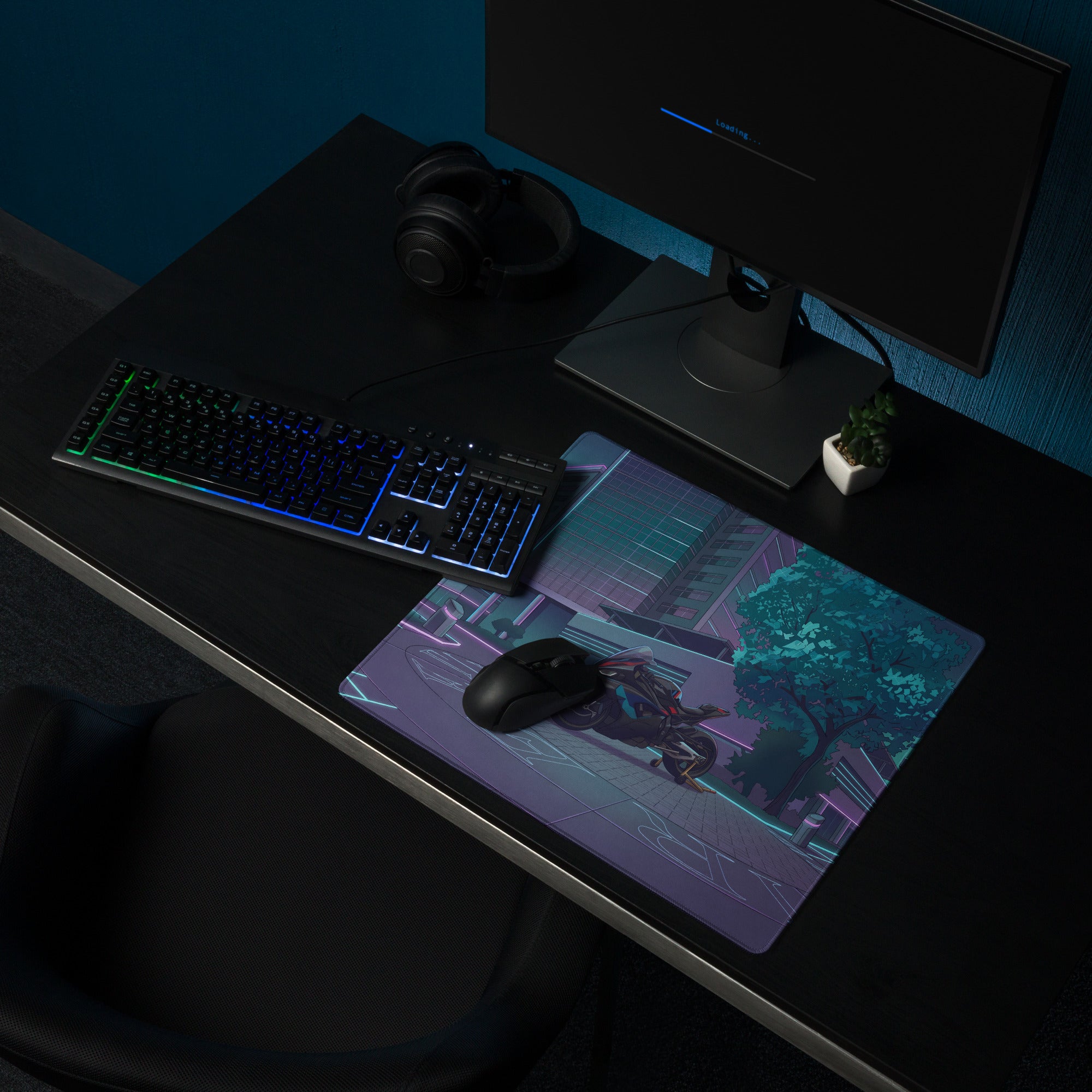 BMW M 1000 RR Inspired Black Teal Vaporwave Gaming Mouse Pad – Neon Cyber City Desk Mat, Futuristic Sportbike Digital Artwork