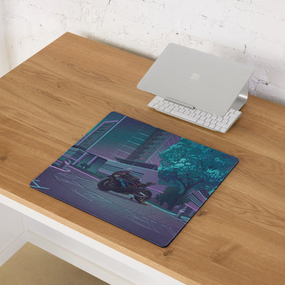 BMW M 1000 RR Inspired Black Teal Vaporwave Gaming Mouse Pad – Neon Cyber City Desk Mat, Futuristic Sportbike Digital Artwork