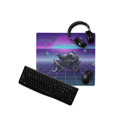 BMW M 1000 RR Inspired Black Purple Vaporwave Gaming Mouse Pad – Neon Sunset Grid Desk Mat, Retro Futuristic Superbike Digital Artwork