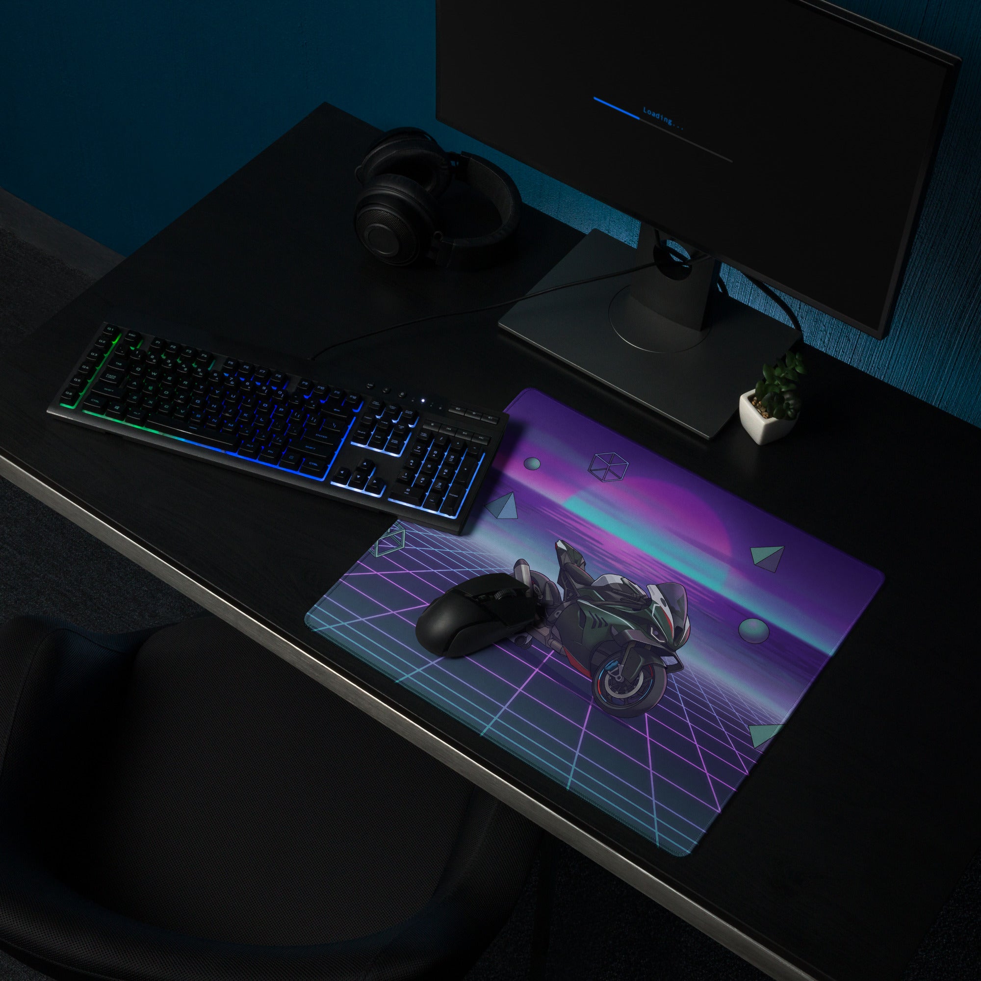 BMW M 1000 RR Inspired Black Purple Vaporwave Gaming Mouse Pad – Neon Sunset Grid Desk Mat, Retro Futuristic Superbike Digital Artwork