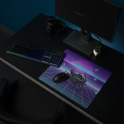 BMW M 1000 RR Inspired Black Purple Vaporwave Gaming Mouse Pad – Neon Sunset Grid Desk Mat, Retro Futuristic Superbike Digital Artwork