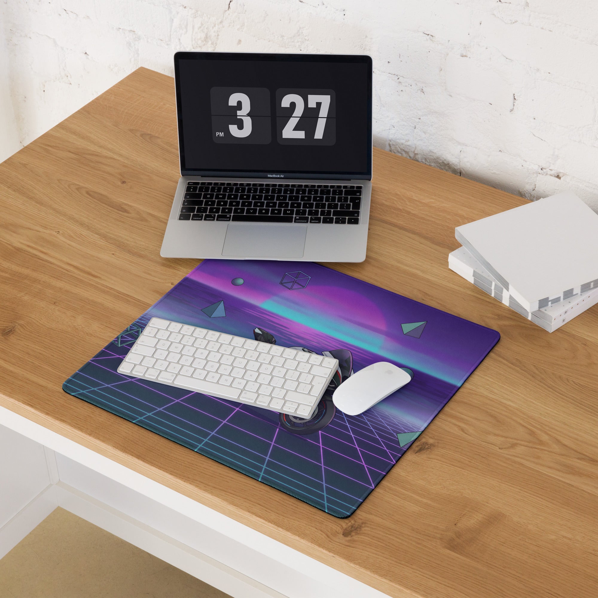 BMW M 1000 RR Inspired Black Purple Vaporwave Gaming Mouse Pad – Neon Sunset Grid Desk Mat, Retro Futuristic Superbike Digital Artwork