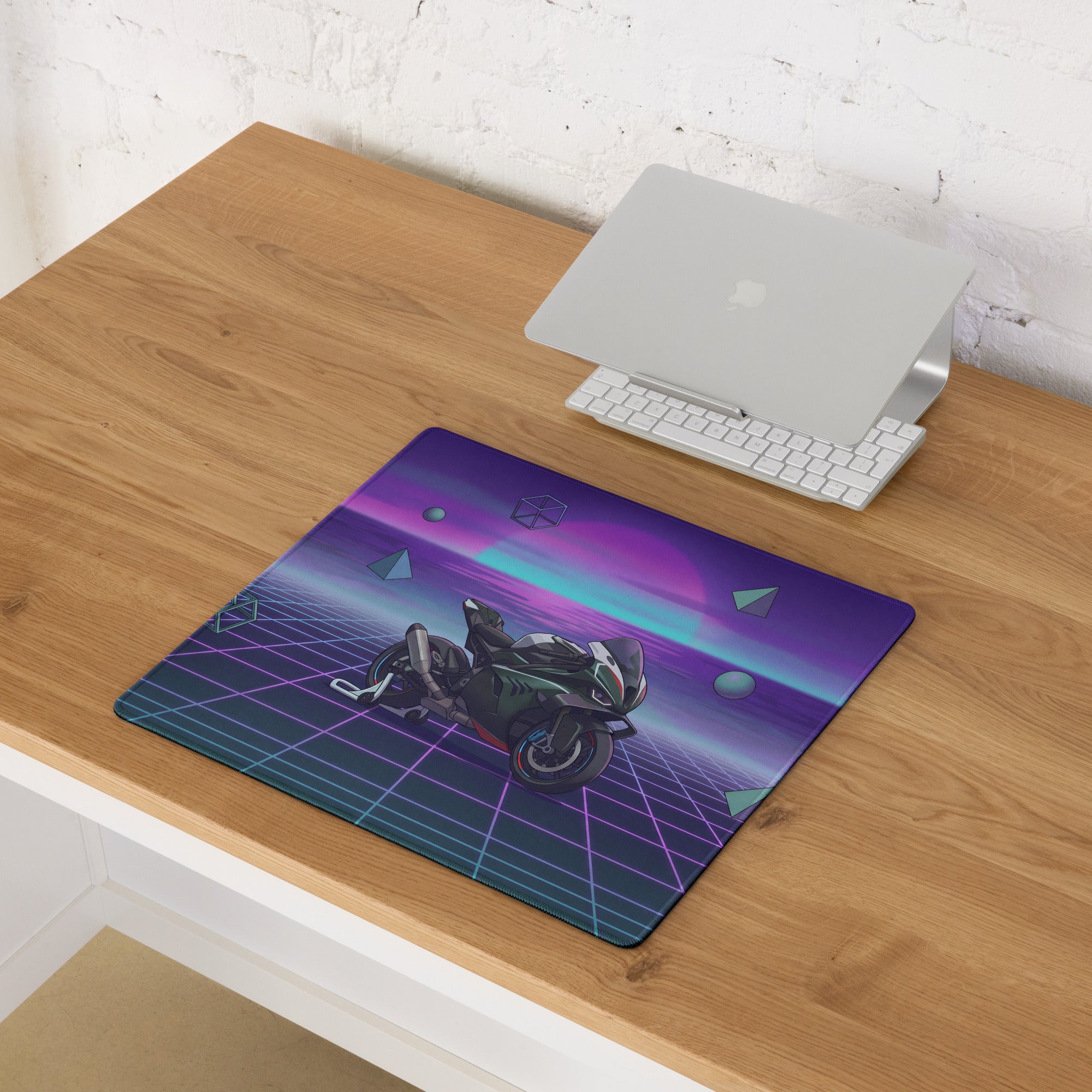 BMW M 1000 RR Inspired Black Purple Vaporwave Gaming Mouse Pad – Neon Sunset Grid Desk Mat, Retro Futuristic Superbike Digital Artwork
