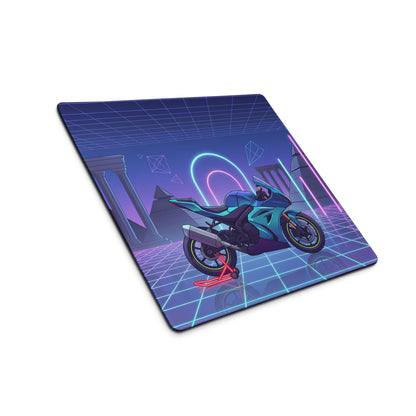 Suzuki GSX-R1000 Inspired Cyan Purple Vaporwave Gaming Mouse Pad – Neon Pyramid Grid Desk Mat, Retro Futuristic Superbike Digital Artwork