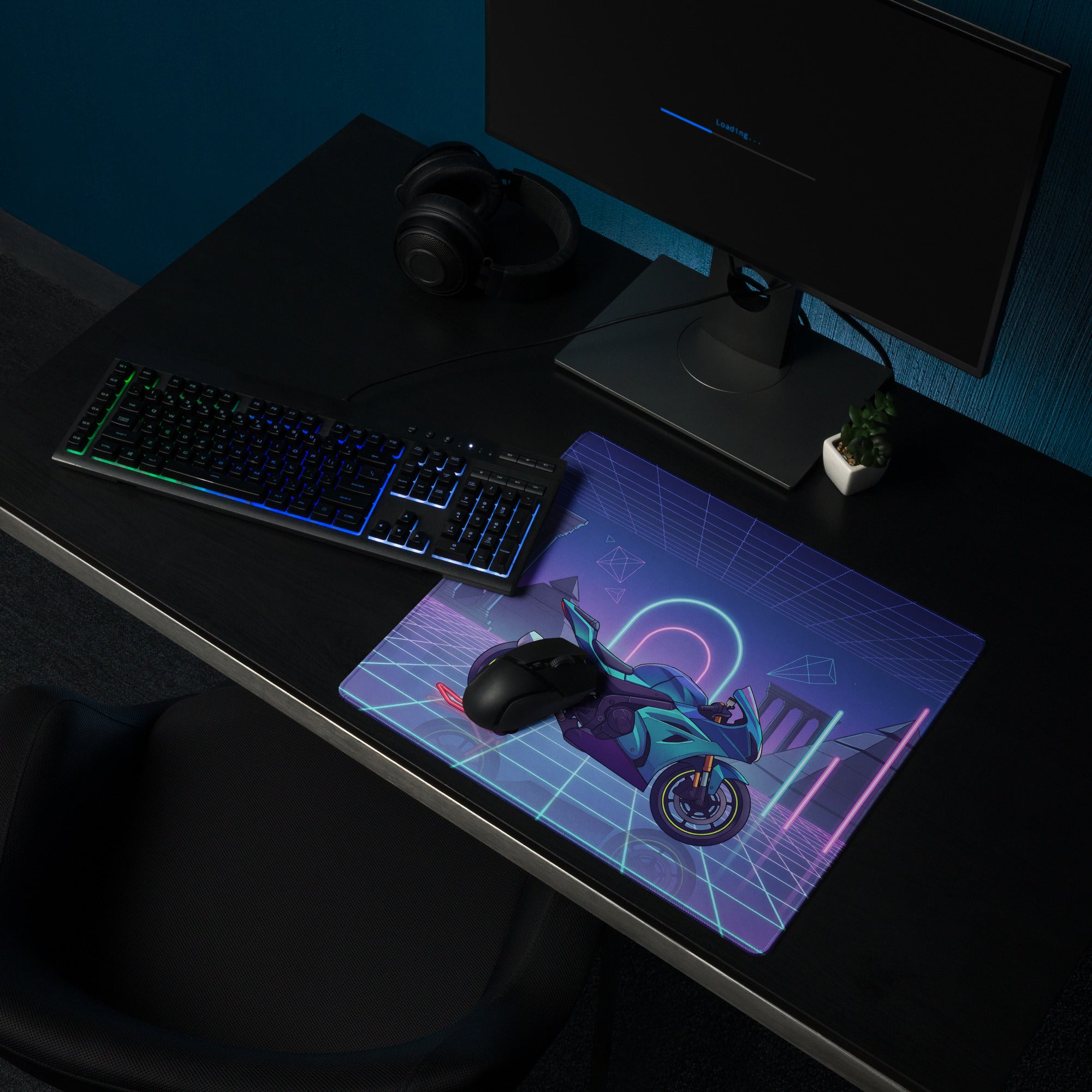 Suzuki GSX-R1000 Inspired Cyan Purple Vaporwave Gaming Mouse Pad – Neon Pyramid Grid Desk Mat, Retro Futuristic Superbike Digital Artwork
