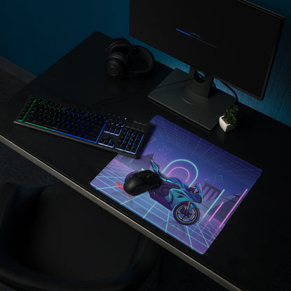 Suzuki GSX-R1000 Inspired Cyan Purple Vaporwave Gaming Mouse Pad – Neon Pyramid Grid Desk Mat, Retro Futuristic Superbike Digital Artwork