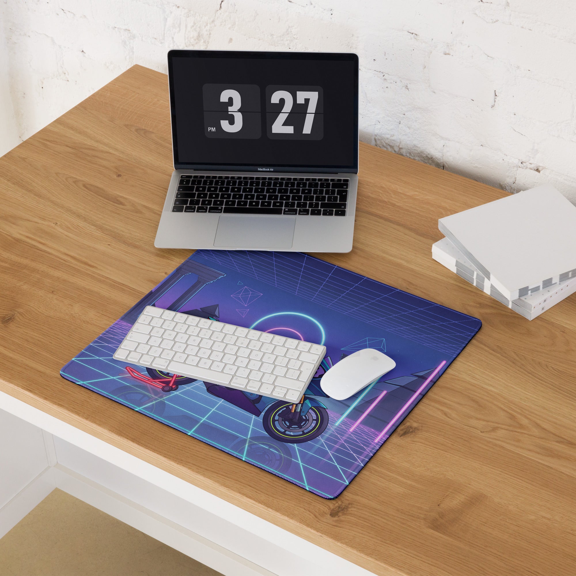 Suzuki GSX-R1000 Inspired Cyan Purple Vaporwave Gaming Mouse Pad – Neon Pyramid Grid Desk Mat, Retro Futuristic Superbike Digital Artwork