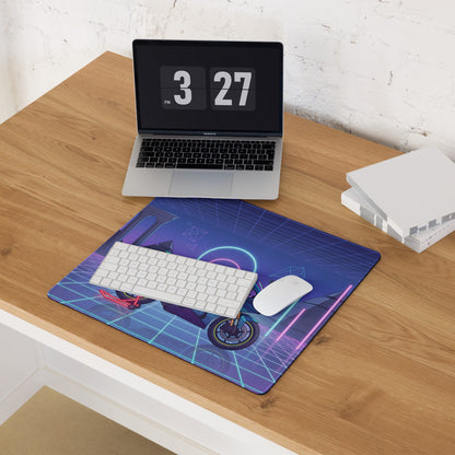 Suzuki GSX-R1000 Inspired Cyan Purple Vaporwave Gaming Mouse Pad – Neon Pyramid Grid Desk Mat, Retro Futuristic Superbike Digital Artwork