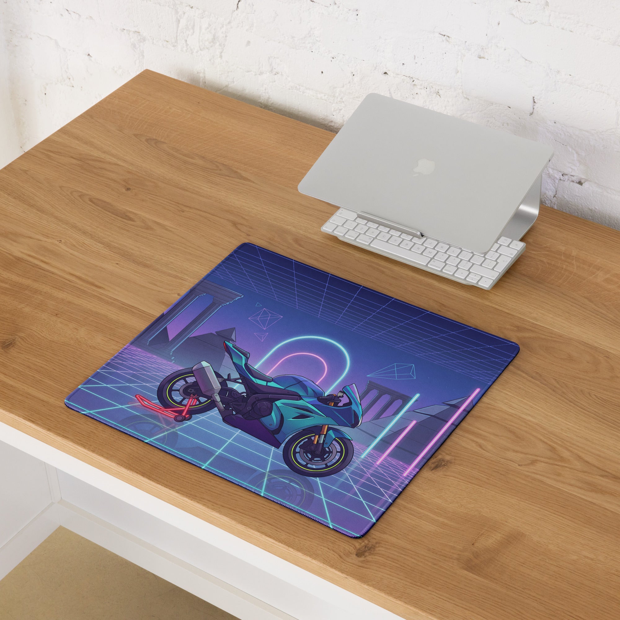 Suzuki GSX-R1000 Inspired Cyan Purple Vaporwave Gaming Mouse Pad – Neon Pyramid Grid Desk Mat, Retro Futuristic Superbike Digital Artwork