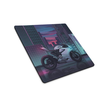 Ducati Panigale V2 Inspired White Teal Vaporwave Gaming Mouse Pad – Neon Cyber City Desk Mat, Futuristic Superbike Digital Artwork