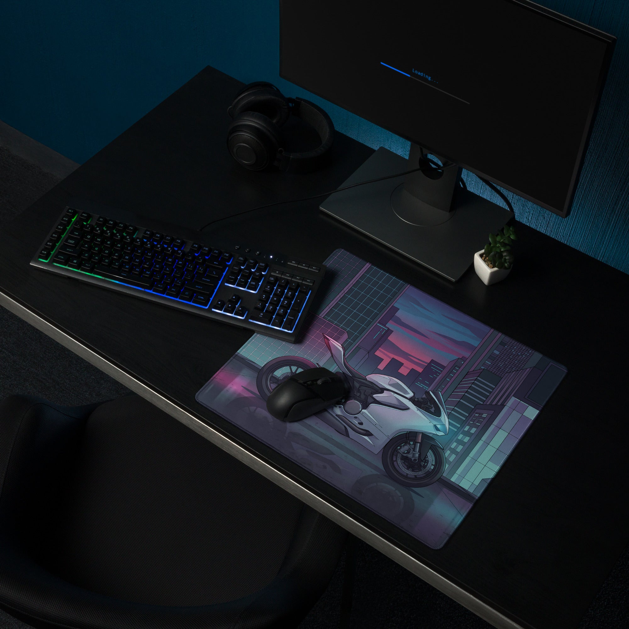 Ducati Panigale V2 Inspired White Teal Vaporwave Gaming Mouse Pad – Neon Cyber City Desk Mat, Futuristic Superbike Digital Artwork