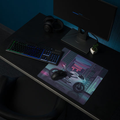 Ducati Panigale V2 Inspired White Teal Vaporwave Gaming Mouse Pad – Neon Cyber City Desk Mat, Futuristic Superbike Digital Artwork