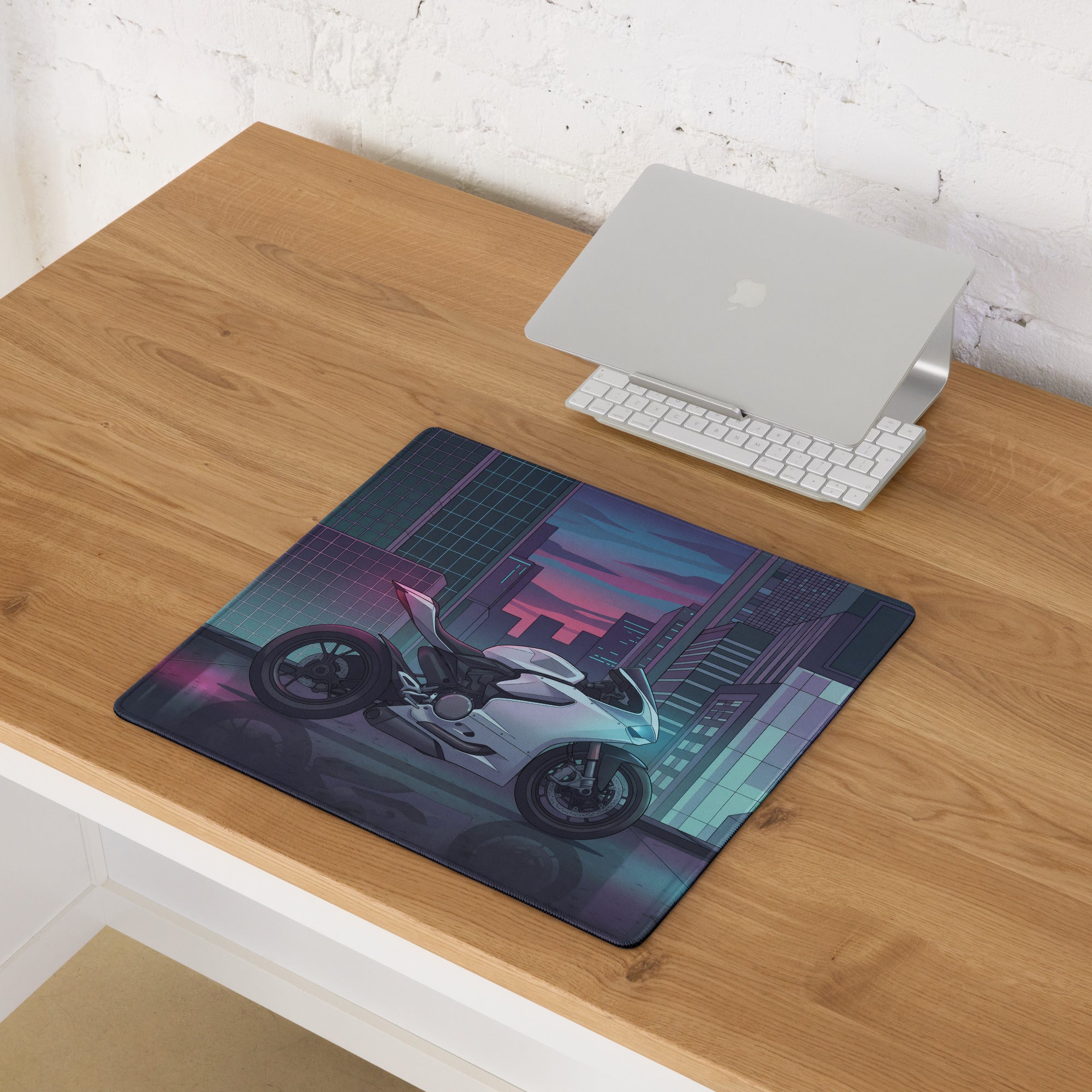 Ducati Panigale V2 Inspired White Teal Vaporwave Gaming Mouse Pad – Neon Cyber City Desk Mat, Futuristic Superbike Digital Artwork