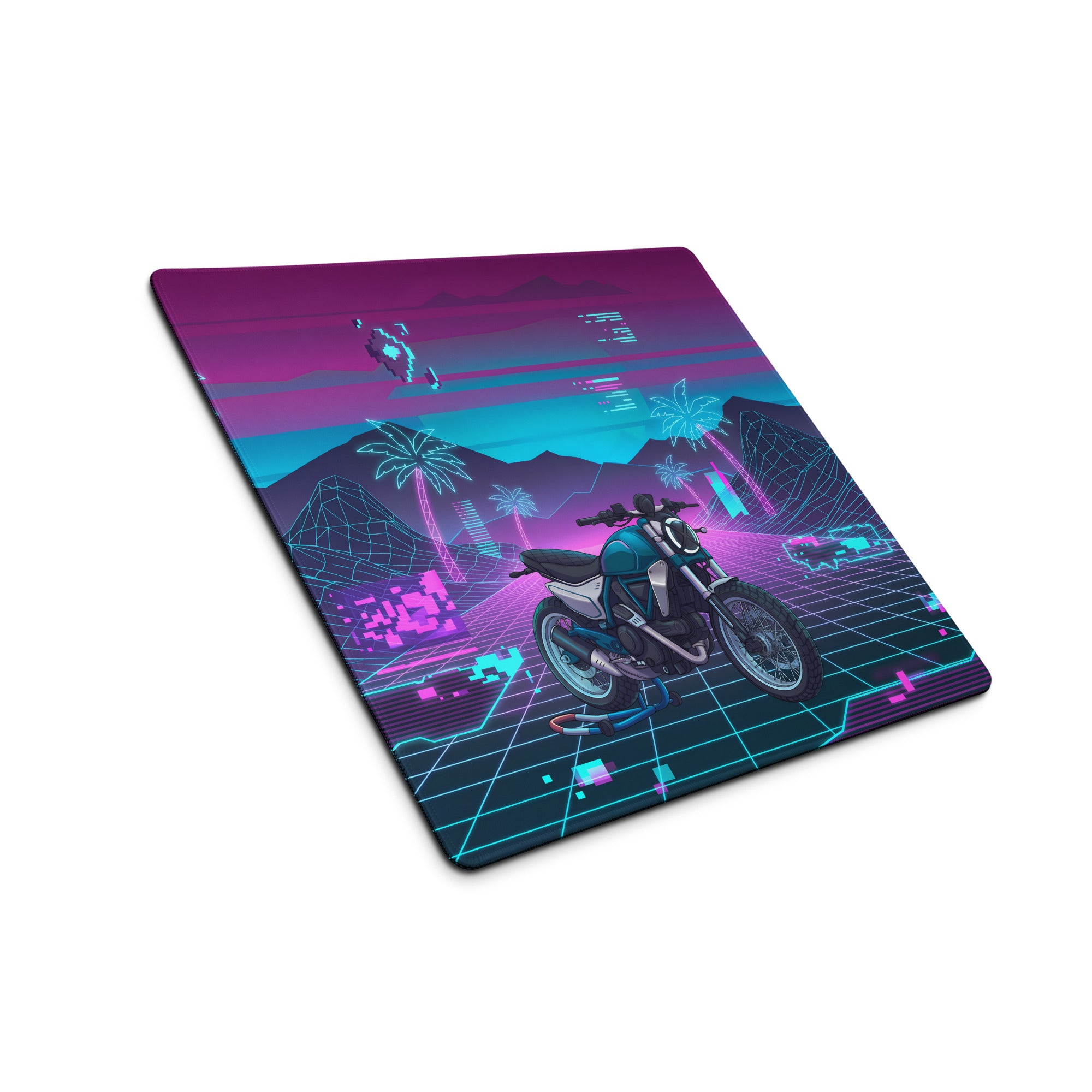 Ducati Scrambler Desert Sled Inspired Teal Pink Vaporwave Gaming Mouse Pad – Neon Grid Palm Tree Desk Mat, Retro Futuristic Motorcycle Digital Art