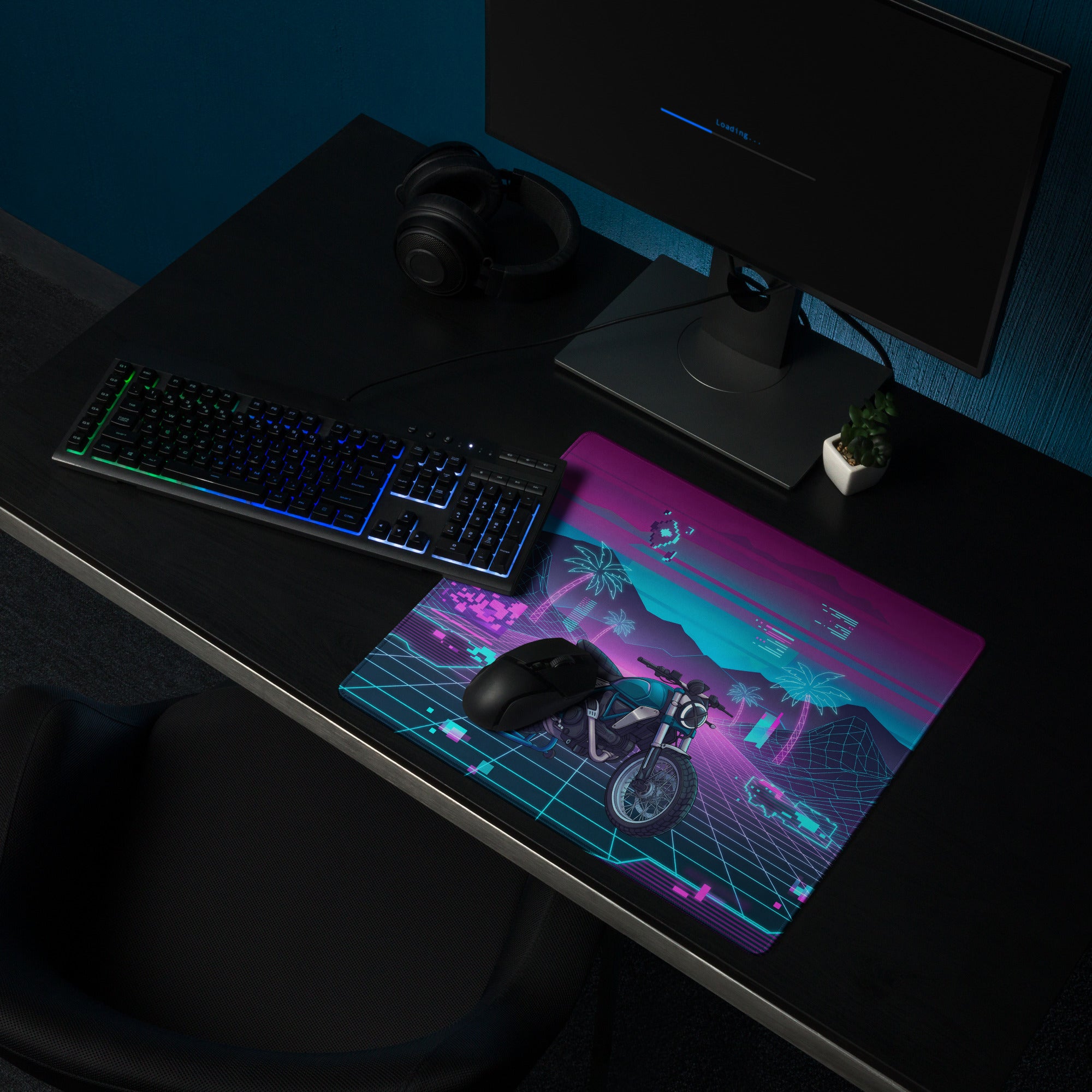 Ducati Scrambler Desert Sled Inspired Teal Pink Vaporwave Gaming Mouse Pad – Neon Grid Palm Tree Desk Mat, Retro Futuristic Motorcycle Digital Art