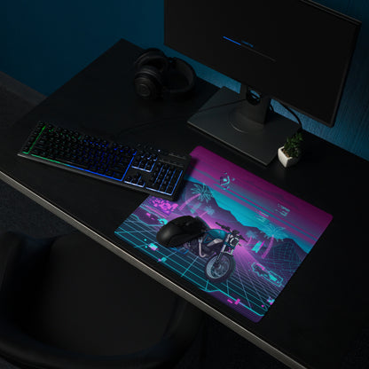 Ducati Scrambler Desert Sled Inspired Teal Pink Vaporwave Gaming Mouse Pad – Neon Grid Palm Tree Desk Mat, Retro Futuristic Motorcycle Digital Art