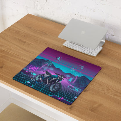 Ducati Scrambler Desert Sled Inspired Teal Pink Vaporwave Gaming Mouse Pad – Neon Grid Palm Tree Desk Mat, Retro Futuristic Motorcycle Digital Art