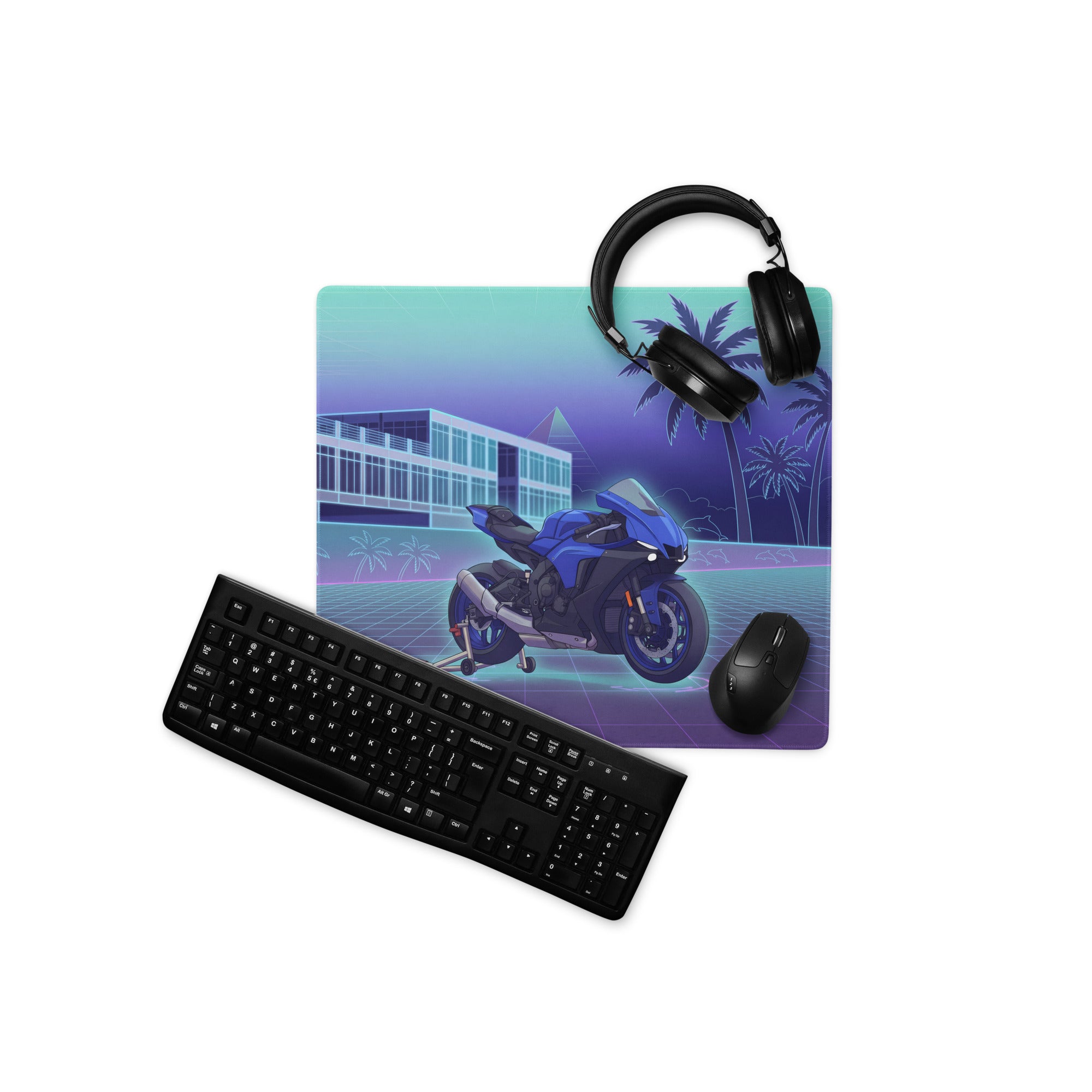 Yamaha R1 Inspired Blue Purple Vaporwave Gaming Mouse Pad – Neon Tropical Grid Desk Mat, Retro Futuristic Superbike Digital Artwork