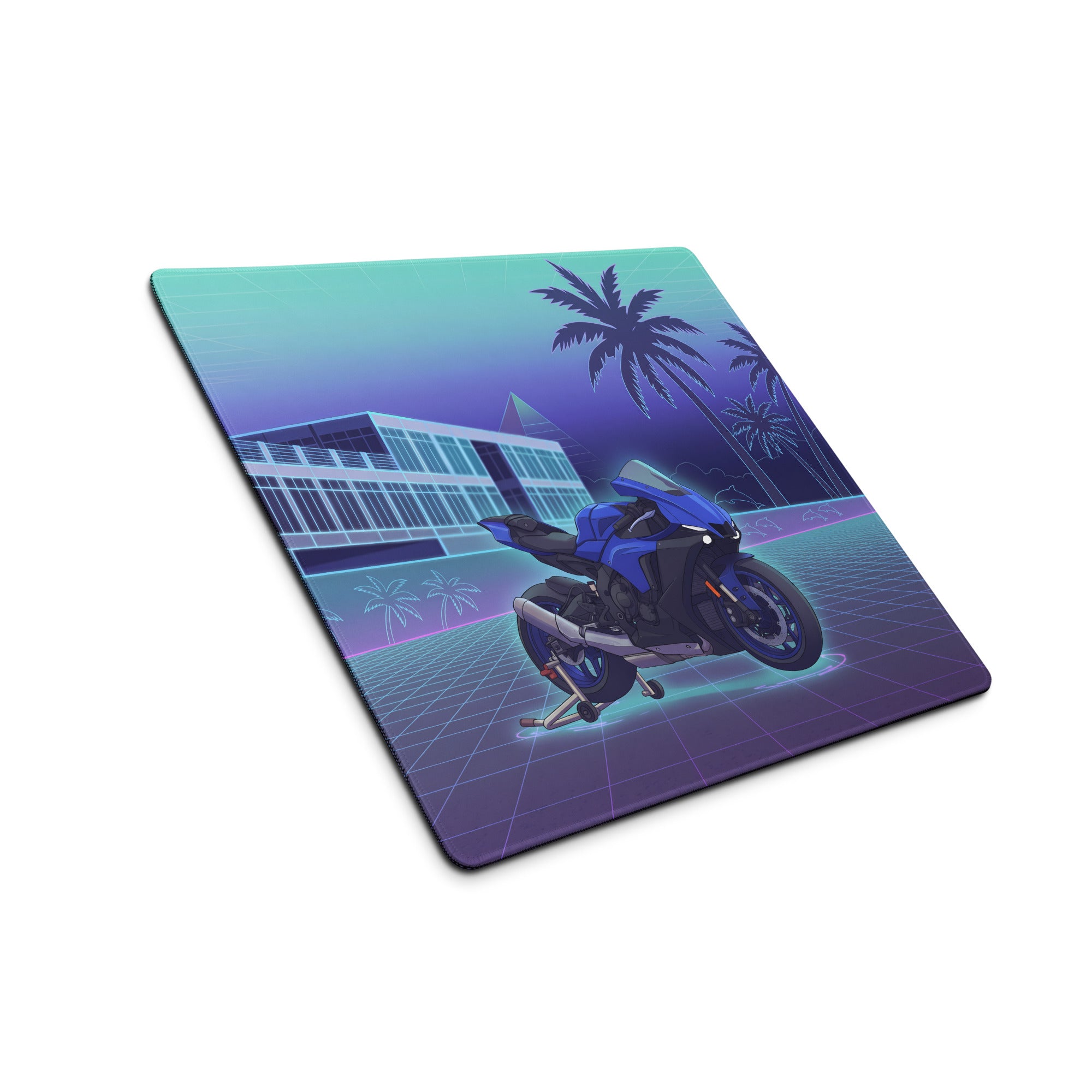 Yamaha R1 Inspired Blue Purple Vaporwave Gaming Mouse Pad – Neon Tropical Grid Desk Mat, Retro Futuristic Superbike Digital Artwork