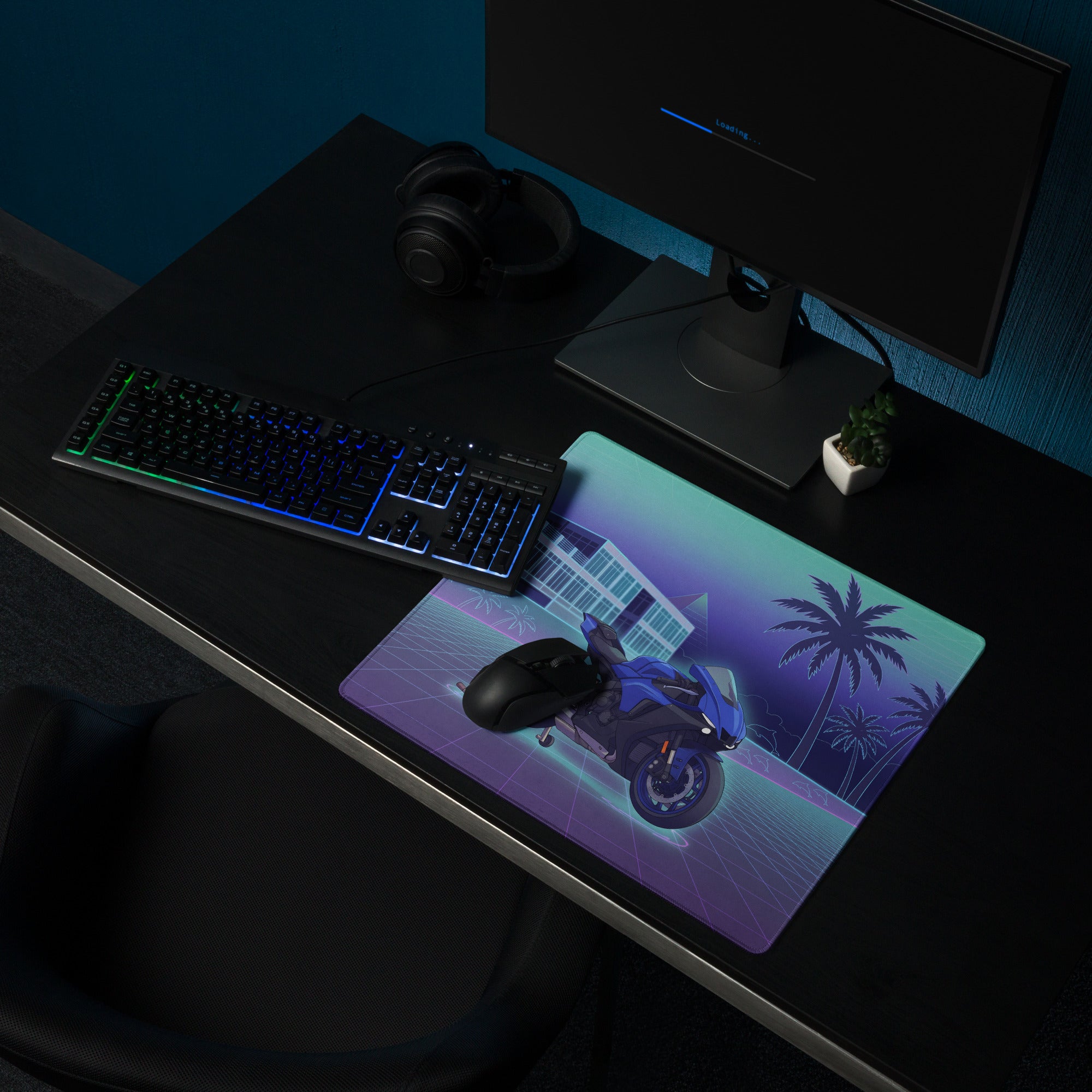Yamaha R1 Inspired Blue Purple Vaporwave Gaming Mouse Pad – Neon Tropical Grid Desk Mat, Retro Futuristic Superbike Digital Artwork
