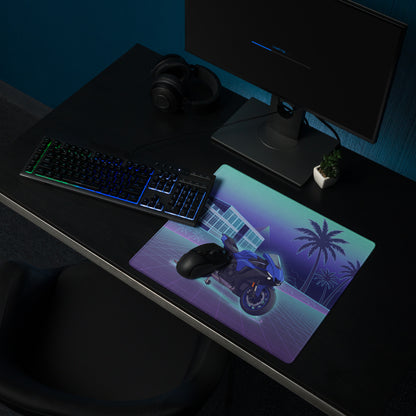 Yamaha R1 Inspired Blue Purple Vaporwave Gaming Mouse Pad – Neon Tropical Grid Desk Mat, Retro Futuristic Superbike Digital Artwork