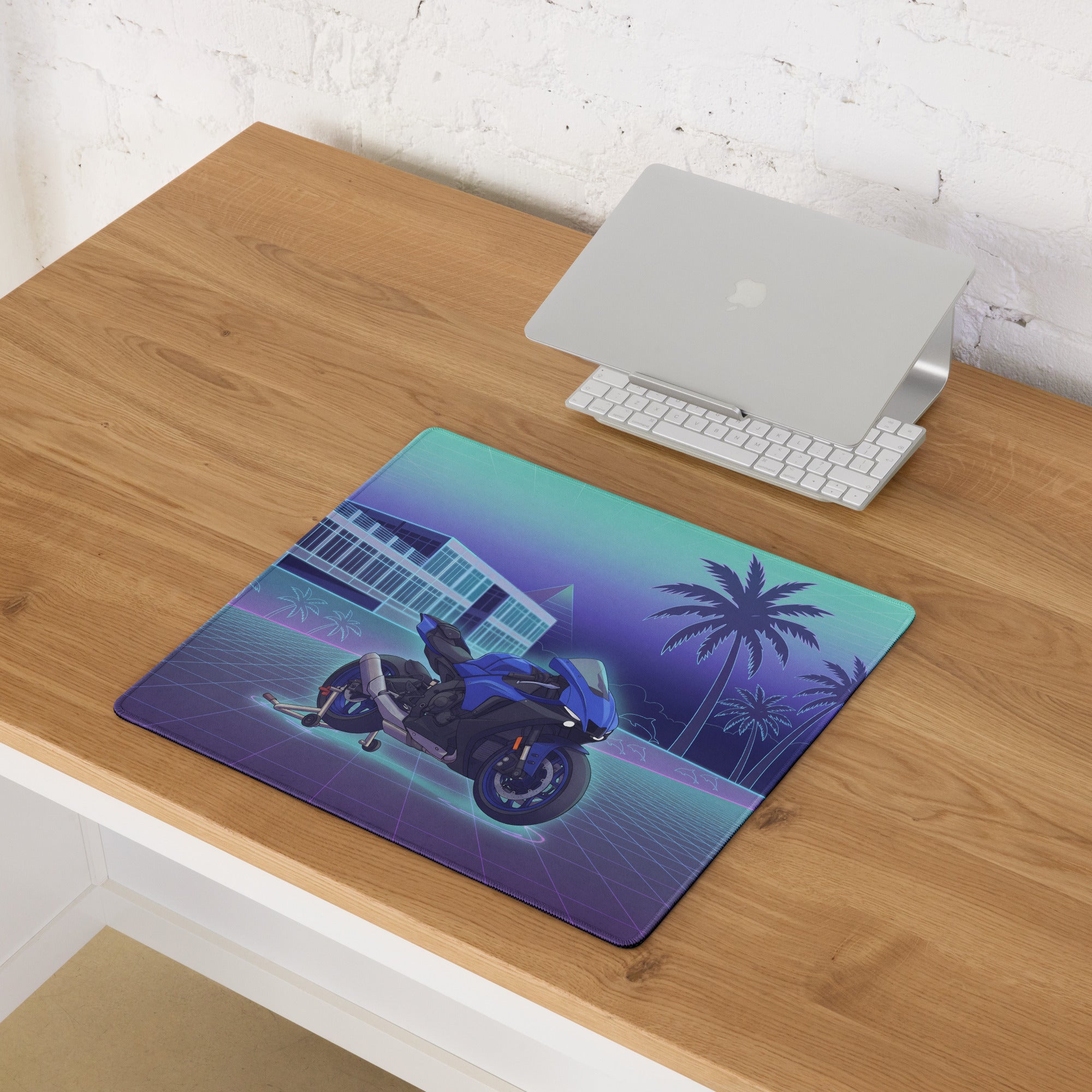 Yamaha R1 Inspired Blue Purple Vaporwave Gaming Mouse Pad – Neon Tropical Grid Desk Mat, Retro Futuristic Superbike Digital Artwork