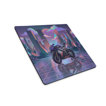 Aprilia RSV4 Xtrenta Inspired Purple Silver Vaporwave Gaming Mouse Pad – Neon Futuristic City Desk Mat, Retro Cyber Superbike Digital Artwork